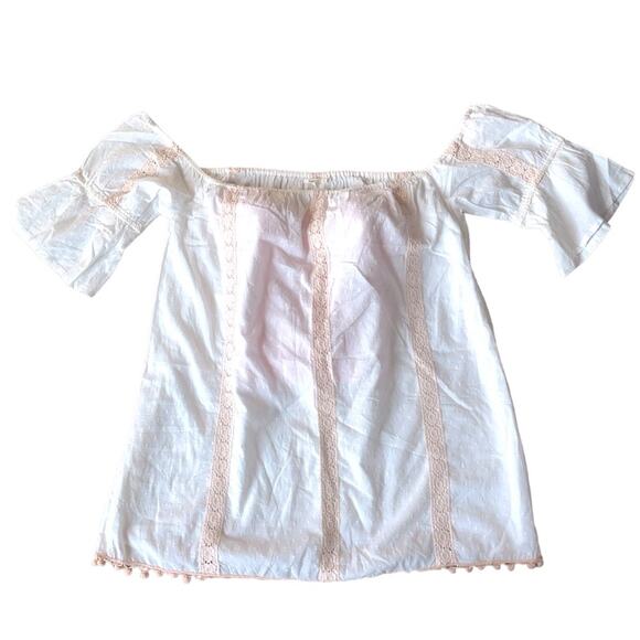Tularosa White Off-Shoulder Crochet inlay Pom Hem Oversized Lined Eyelet Top M - Picture 2 of 10